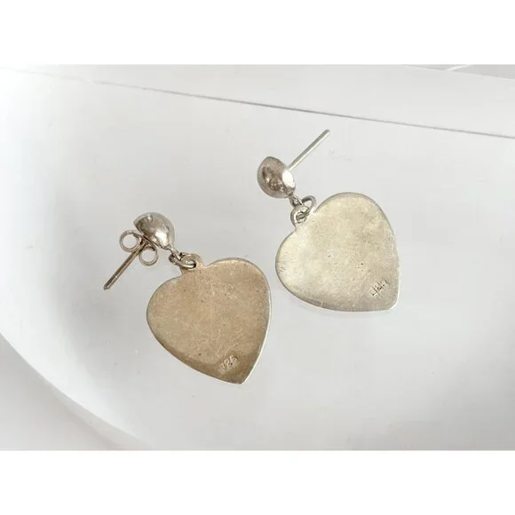 Heart Shaped Hand Carved Vintage Sterling Silver 925 Dangling Earrings - Picture 10 of 12